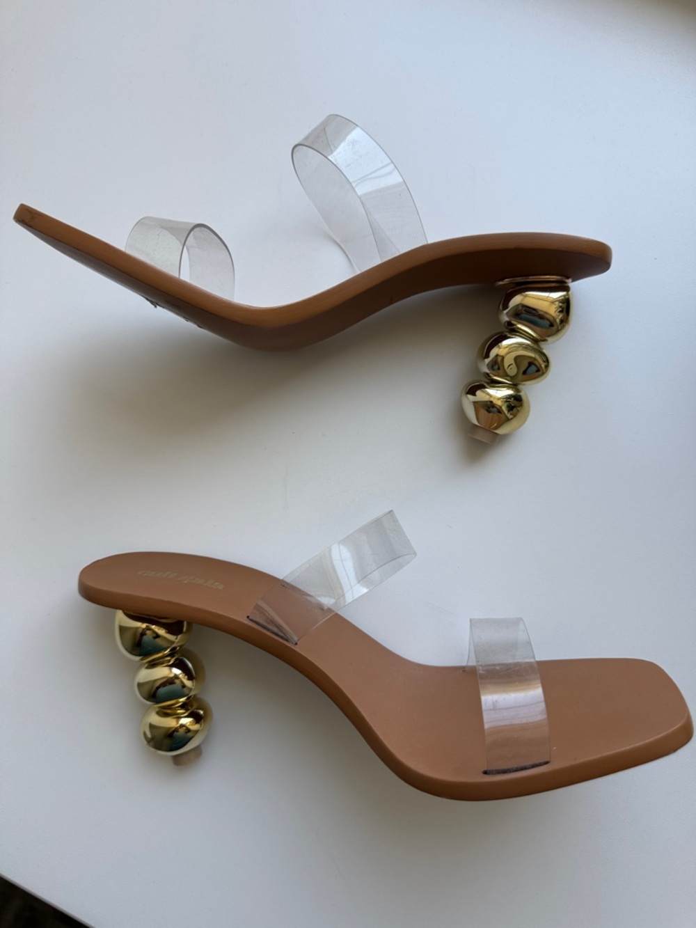 Cult Gaia Clear Strap Brown Slide Sandals with Gold Accent Heel - Picture 2 of 4